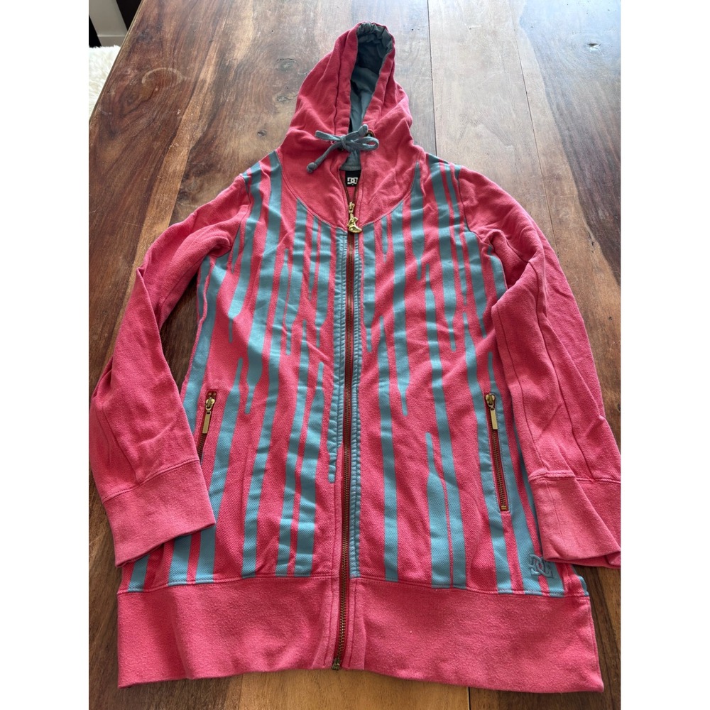 Y2K DC Shoes full zip hoodie womens large pink blue drip stripe longline skater